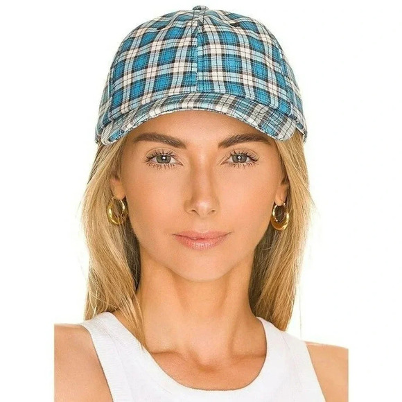 Ganni Unisex Cotton Canvas Baseball Cap Check Azure Blue (MSRP $95) main image 7